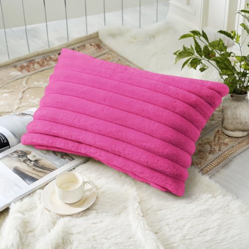 Image of decorUhome Fall Cozy Faux Fur Throw Pillow Covers 12x20 Set of 2 Decorative Soft Plush Striped Lumbar Modern Farmhouse Boho Couch Pillow Cases with Velvet Back for Sofa Bed Living Room, Hot Pink