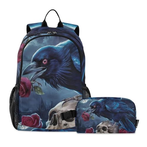 Travel Backpack Lunch Bag Set for Hiking Picnic, Backpacks with Insulated Lunch Box Gothic Crow Skull Print