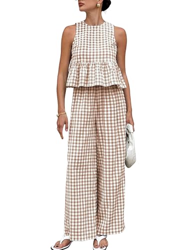 Tanming Womens 2 Piece Set Outfits Gingham Plaid Tank Tops Wide Leg Pants Matching Lounge Sets (Brown-M)