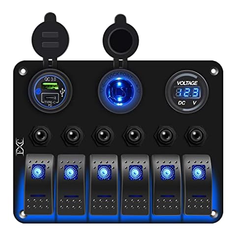 FXC Waterproof Marine Boat Rocker Switch Panel 6 Gang with 3.1A Dual USB Slot Socket + Cigarette Lighter +LED Voltmeter with Overload Protection for Car Rv Vehicles Truck (6 Gang Blue LED) Cover
