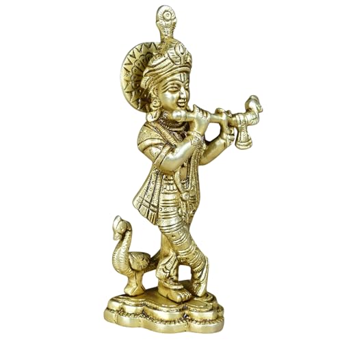 Image of 100% Pure Brass Lord Krishna Idol with Flute (Size:16cm, 600grams) | Shree Lord Krishna Statue for Home Decor | Sri Krishna Idols Gift for House Warming Ceremony or Office Desk