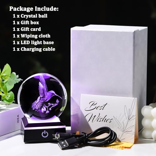 Image of Arikyrist 3D Crystal Ball Hummingbird Figurine with LED Base, Hummingbird Gifts for Women Men on Christmas Birthday, Hummingbird Ornament Glass Decorative Ball for Home Decor (80mm)
