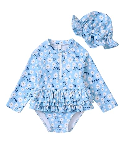 Image of Toddler Girl Swimsuit Baby Girl Bathing Suit Long Sleeve Floral Zipper One-Piece Rash Guard Swimsuit with Hat