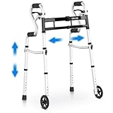 Delog Narrow Folding Walker for Seniors, 3 in 1 Folding Walker with 5” Front Wheels Width Adjustable Compact Standard Walker Support Up to 350lbs