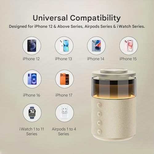Image of Humble 5-in-1 Magnetic Wireless Charger with Bluetooth Speaker | Mag-Safe Charging Dock for iPhone Series 17 /16 /15 /14 /13 /12, iWatch & AirPods | Fast Charging Phone Stand with Night Lamp (Cream)