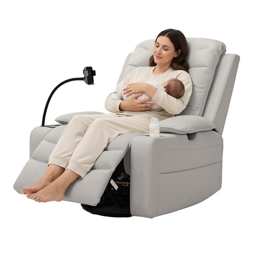 Holaki Rocking Chair Nursery, Oversized Glider Recliner Nursery Chair Swivel Reading Chair with Heated Lumbar Support Smart Cup Holder and Fast-Charging Phone Mount for Breastfeeding(LightGray)