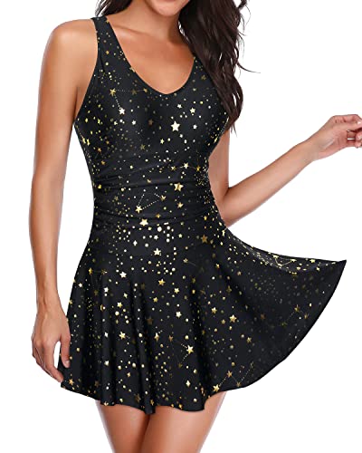 Image of Yonique One Piece Swimsuits for Women Modest Tummy Control Swimdress Vintage Bathing Suits Skirt Swimwear