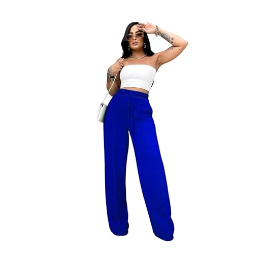 Calça Feminina Pantalona Cintura Alta Duna Wide Leg Com Elástico E Bolso Moda Blogueira
