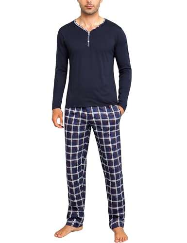Irdcomps Schlafanzug Herren Lang Pyjama Baumwolle Nachtwäsche Set Männer Karierter V-Ausschnitt mit Knöpfen Navyblau XL