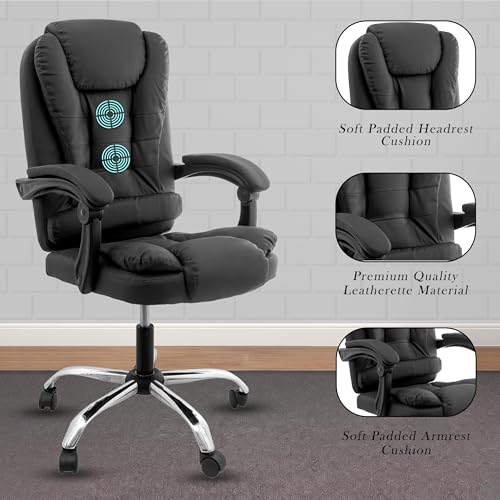 Image of Casa Copenhagen Italia Premium Leatherette Office Chair for Work | Boss Chair, Ergonomic Executive, Luxurious Cushioned Arms & Seat, 2 Point Back Massager, Heavy Duty Metal Base (Black)