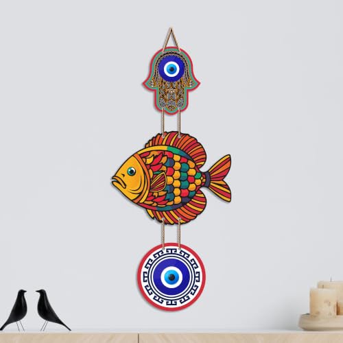 Image of Artvibes Multicolor Fish Wall Hanging for Home Entrance | Evil Eye Protection MDF Wall Decor | Lucky Fish Vastu Decorative Art for Living Room | Bedroom & Main Door | Positive Energy Gift (WH 8536N)