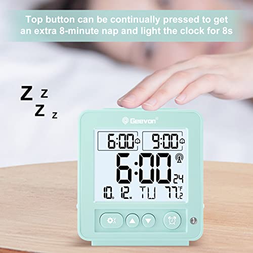 Geevon Small Atomic Travel Alarm Clock With Auto/8S Backlight, 2 Alarm Clocks, Temperature, Increasing Beep Sounds Digital Atomic Travel Clock Battery Operated For Bedroom, Bedside(Mint) #TOP2