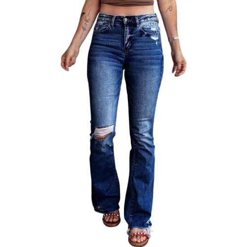 Ripped Flared Jeans Frayed Edges Bootcut Stretchy Subtle Flare Denim Pants Long Length Light Blue