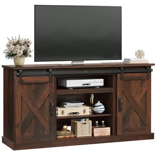 For Tvs Up To 65", Modern Media Tv Console With Sliding X-shaped Barn Doors, Entertainment Center With Storage Cabinets For Living Room, Brown