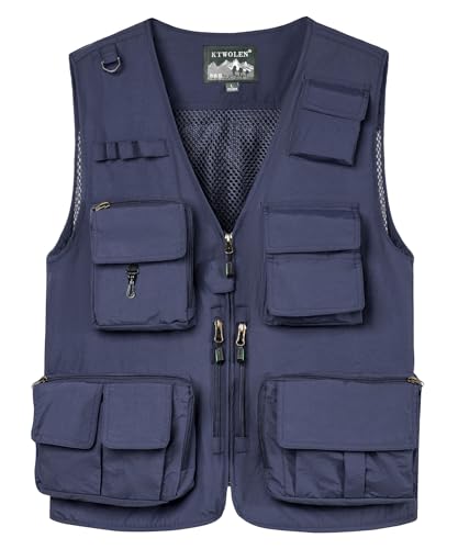 KTWOLEN Herren Anglerweste Sommer Leicht Schnelltrockenweste Funktionsweste Outdoor Fotografie Hundesport Weste Ärmellos Safari Weste mit Viele Taschen, Navy Blau, XXL