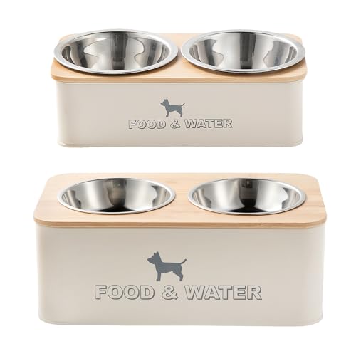 Daniel James Elevated Dog Bowls - Raised Pet Food & Water Station for Small & Large Dogs - Double Feeding Stand with Non-Spill Dishwasher Safe Stainless Steel Bowls - Cream (Large)