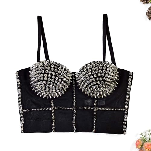 Women's Chain Strap Corset Top, 3D Spike Studded Bustier, Padded Cami
