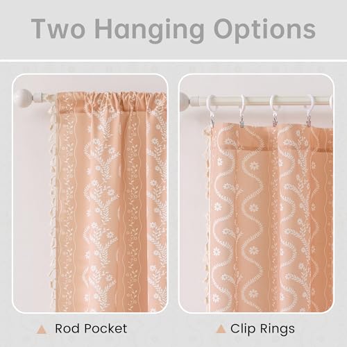 Image of Boho Curtains 84 Inch Long for Living Room, Bedroom, 2 Panels Floral Farmhouse Vintage Tassel Semi Sheer Light Filtering Privacy Window Curtain Drapes with Rod Pocket,Pink