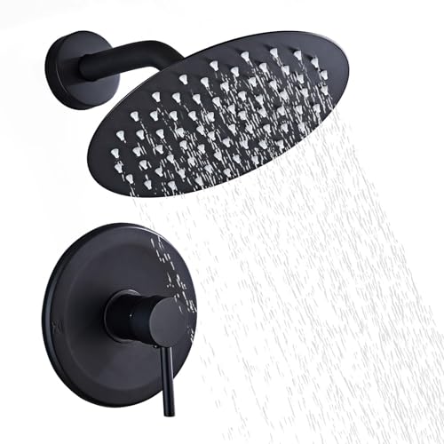 HUCKLE Juego de grifos de ducha con cabezal de ducha, grifo de ducha negro de 8 pulgadas con válvula, grifo de ducha de lluvia con una sola mano, grifos de ducha negro mate para baño