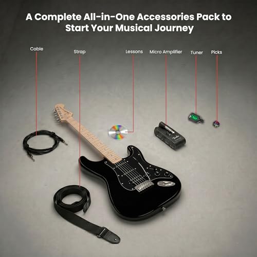Image of Fender Squier Sonic Stratocaster HSS - Black Bundle with Mustang Micro Headphone Amplifier, Instrument Cable, Tuner, Strap, Picks, and Austin Bazaar Instructional DVD