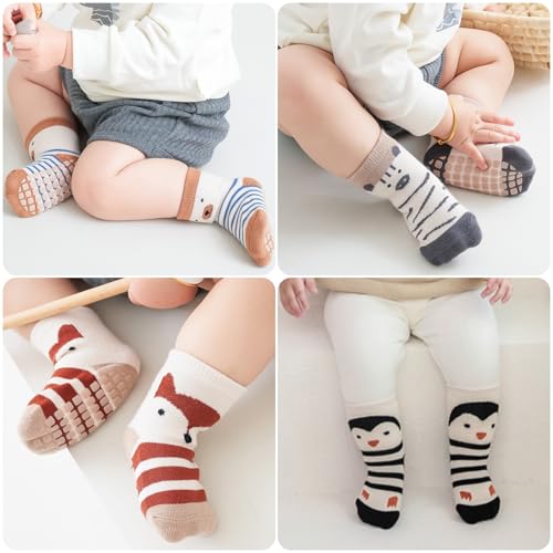 Simpeak 4 Pairs Baby Non Slip Grip Socks Unisex, Cotton Breathable Animal Children Floor Crawling Socks, Anti-Slip Toddler Crew Socks, Non Slip Ankle Socks - Image 3