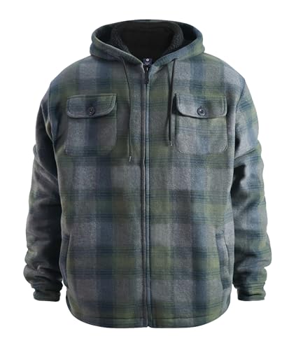Image of TanBridge Men's Cotton Plaid Shirts Jacket Full Zip Fleece Flannel Sherpa Lined Hoodies Heavyweight Hoodies Jacket for Men