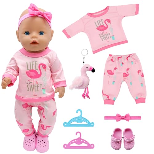Ropa para muñecas 30 45 cm Ropa para muñecas recién nacidas Incluye flamenco parte superior pantalones perchas zapatos flamenco muñeca para muñecas de 12 18 pulgadas Accesorios Regalo para niños