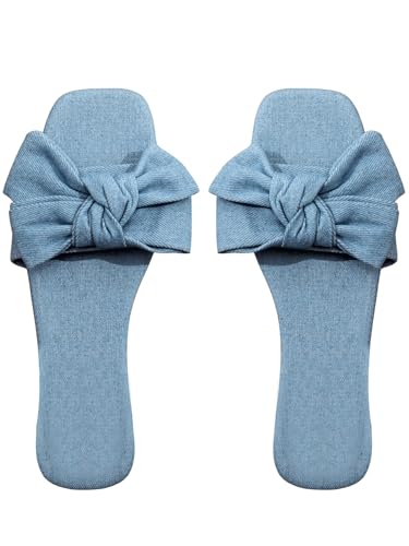 GORGLITTER Women's Bow Denim Flat Sandals 2025 Jean Square Open Toe Slide Shoes