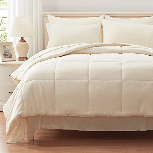 Anluoer Queen Size Bed In A Bag 7 Pieces, Cream White Bed Comforter Set With Comforter And Sheets, All Season Bedding Sets With 1 Comforter,2 Pillow Shams,2 Pillowcases, 1 Flat Sheet,1 Fitted Sheet #TOP1