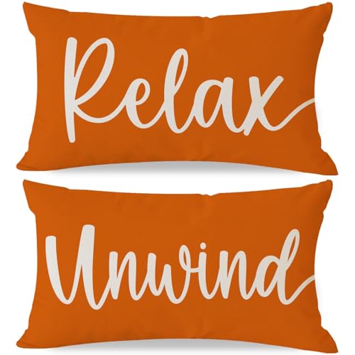 HERHOME Decorative Throw Pillow Covers 12x20 Inch Set of 2 Relax Unwind Orange Outdoor Farmhouse Fall Front Porch Patio Decor Lumbar Cushion Case Decoration for Home Sofa Couch Living Room