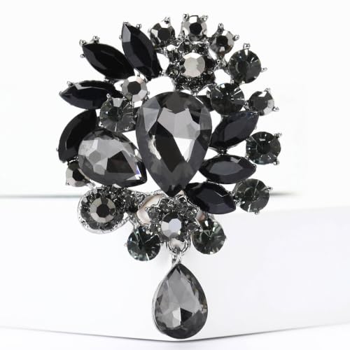 Image of Wedding Bridal Big Crystal Rhinestone Bouquet Brooch Pin for Women (Black Tear Drop)