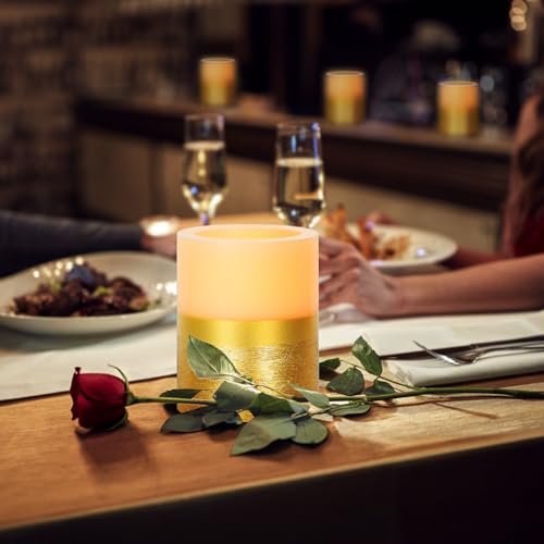 Image of Flickering Flame LED Pillar Candle, Gold Flameless Candle with Timer, 5 Inches Height, Home Decoration, Party Celebration