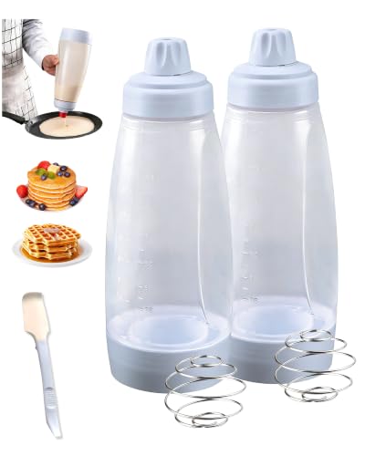 Zovety Pancake Batter Dispenser & Mixer with BlenderBall Whisk 2-Pack 33oz Leak-Proof Squeeze Bottles with Base for Pancakes Crepes Waffles Muffins & Cupcakes