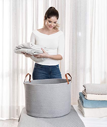 OrganiHaus Laundry Basket With Leather Handles, Extra Large Woven Cotton Rope Bin for Dirty Clothes Pillows & Towels - Image 3