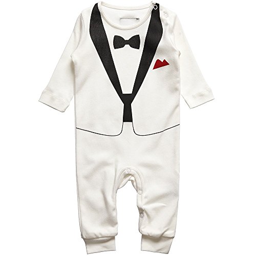 Kimocat Baby Boy Romper Tuxedo Jumpsuit Gentleman One-Piece Button-Down Bowtie Wedding Suit Bodysuit (White&Black Bowtie, 12-18 Months)