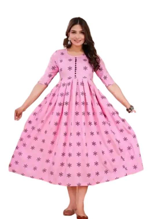 Raj Fashion Women's 3/4th Sleeves Round Neck Rayon Blue Floral Print Calf Length Pink Anarkali Ethnic Long Gown-picture-24