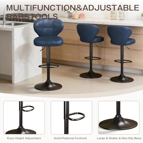 Image of Modern Bar Stools Set of 2, Adjustable Swivel Upholstered Full-Back Counter Height Bar Chairs for Kitchen Island, Dining Room, Bar Blue