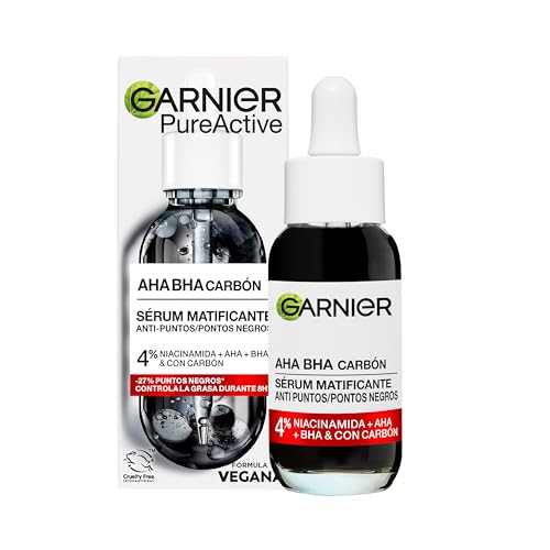 Garnier PureActive AHA BHA Carbón Sérum Anti-Imperfecciones Con 4% [Niacinamida + AHA + BHA + Carbón] -44% Granitos -27% Puntos Negros 30Ml