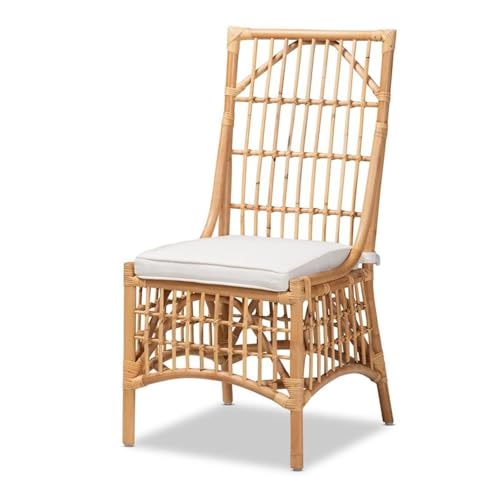 Pemberly Row Rose White Fabric Upholstered Dining Chair, 40.5 in High x 19 in Wide x 18.75 in Deep, Natural Rattan Frame with Bamboo-Like Accents, Openwork Design, Modern Bohemian Style, Fully