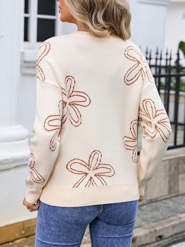Wowcarbazole Women's Sweater Long Sleeve Crew Neck Casual Floral Print Pullover Sweaters 2024 Fall Chunky Ribbed Knit Tops2