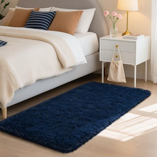 HOMORE Runner Rug 2x4 Navy Blue Rug for Bedroom, Fluffy Runner Rugs for Hallway Bedside, Long Rugs for Living Room Kids Room, Soft Carpet for Dorm Indroor Entrance
