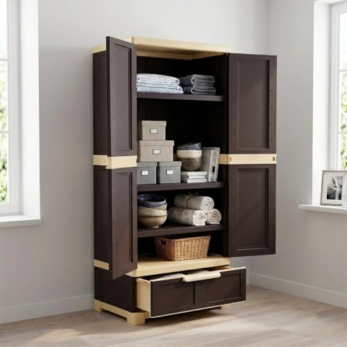 Image of Nilkamal Freedom FMDR1BE Plastic Storage Wardrobe with 1 Bottom Drawer and Clothes Organizer |3-Year Warranty|Almirah for Home, Living Room, Bed Room|Adult & Kids|Weather Brown /Biscuit