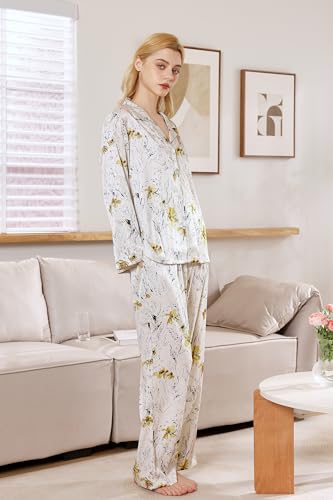 Image of YiNi LuLu Womens Silk Satin Pajamas Set Button Down 2 Piece Pjs Long Sleeve Oversized Sleepwear with Pockets