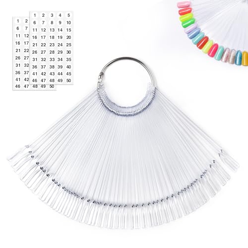 MEFA 50 Pcs Clear Nail Swatch Sticks with Ring and Numbered Tips, False Nail Sample Sticks for Nail Art Polish Color Practice Fan-shaped Display