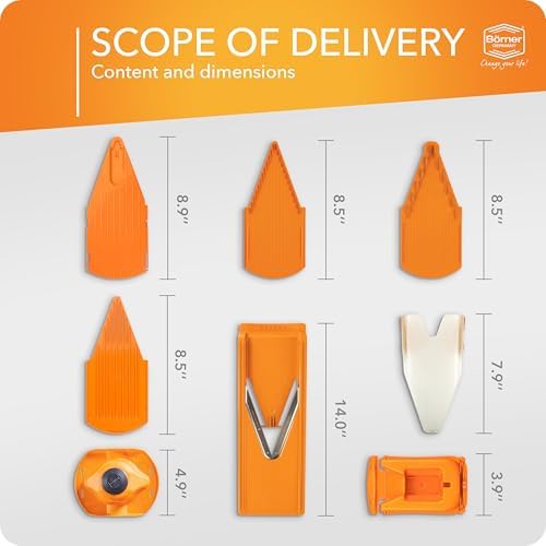 Mandoline Food Slicer Börner V3 (Profi Set) by Reston Lloyd • V-Slicer with 4 Inserts, Docking Station & Food Holder • Made in Germany • Fruit & Vegetable Chopper • Multiple Settings • Color: Orange - 5