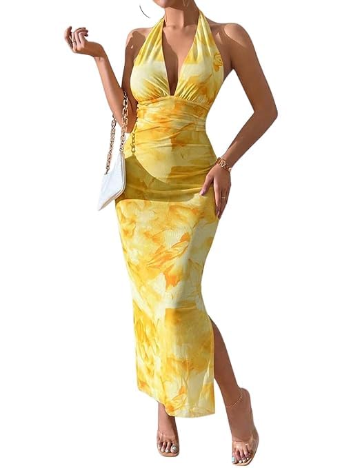 mikuchiku Women's Floral Halter Neck Maxi Dress – Sleeveless Backless Bodycon Summer Dress – Slim Fit Elegant Gown for Beach, Party, Clubwear, Vacation, Evening Events-picture-37