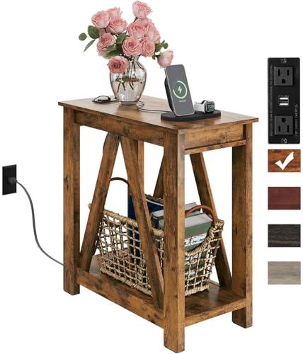 Image of WLIVE Farmhouse End Tables Living Room, Narrow Side Table with Charging Station, Slim End Table, Side Table for Bedroom, Small Spaces, 2 USB and 2 Power Outlets, 11.8 inch D x 23.6 inch W x 23.74 inch H