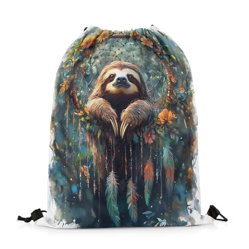 Erosebridal Sloth Drawstring Backpack 13x15.7 Dream Catchers Drawstring Bags Boho Floral Feather Draw String Back Bag Woodland Animals String Backpack Exotic Bohemian Decor