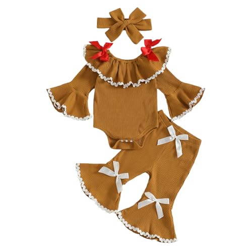 KMBANGI Newborn Baby Girl Christmas Outfits Ruffle Sleeves Knitted Romper Xmas Bell Bottoms 3Pcs Gingerbread Costume (Brown 3-6 Months)