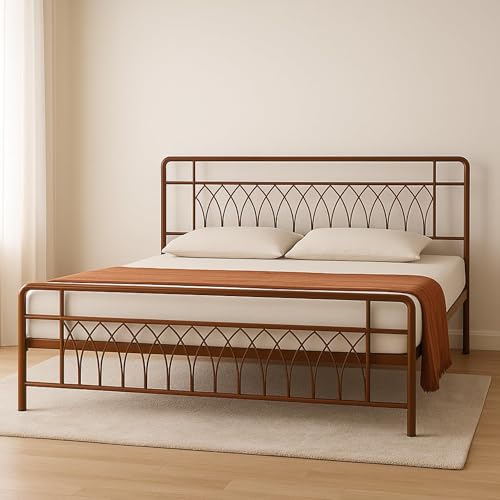 Image of Jexx Metal King Size Bed Without Storage | Wrought Iron Double Bed with Headboard & Footboard | Sturdy Powder Coated Platform Bed King Size Cot for BedroomLivingRoom Brown (75x72)